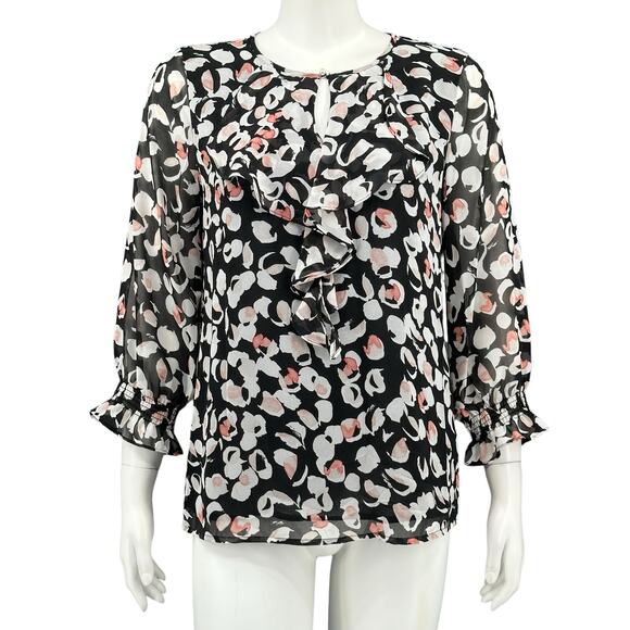 Karl Lagerfeld Top Womens Small Black White Red Ruffle Lightweight Career Work - Picture 1 of 9